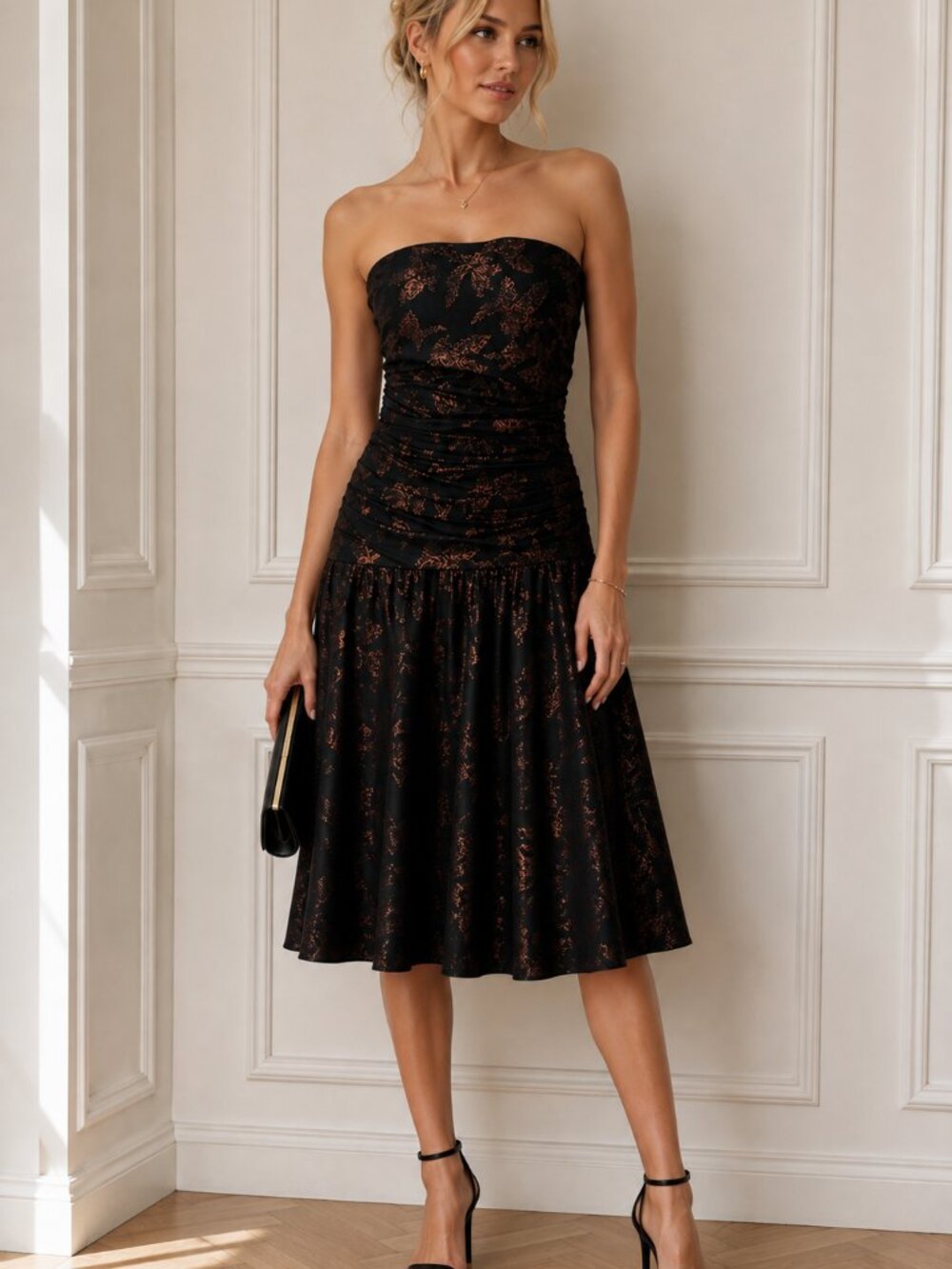 Costantino Strapless Cocktail Dress Shimmer Metallic Midi Made in Italy